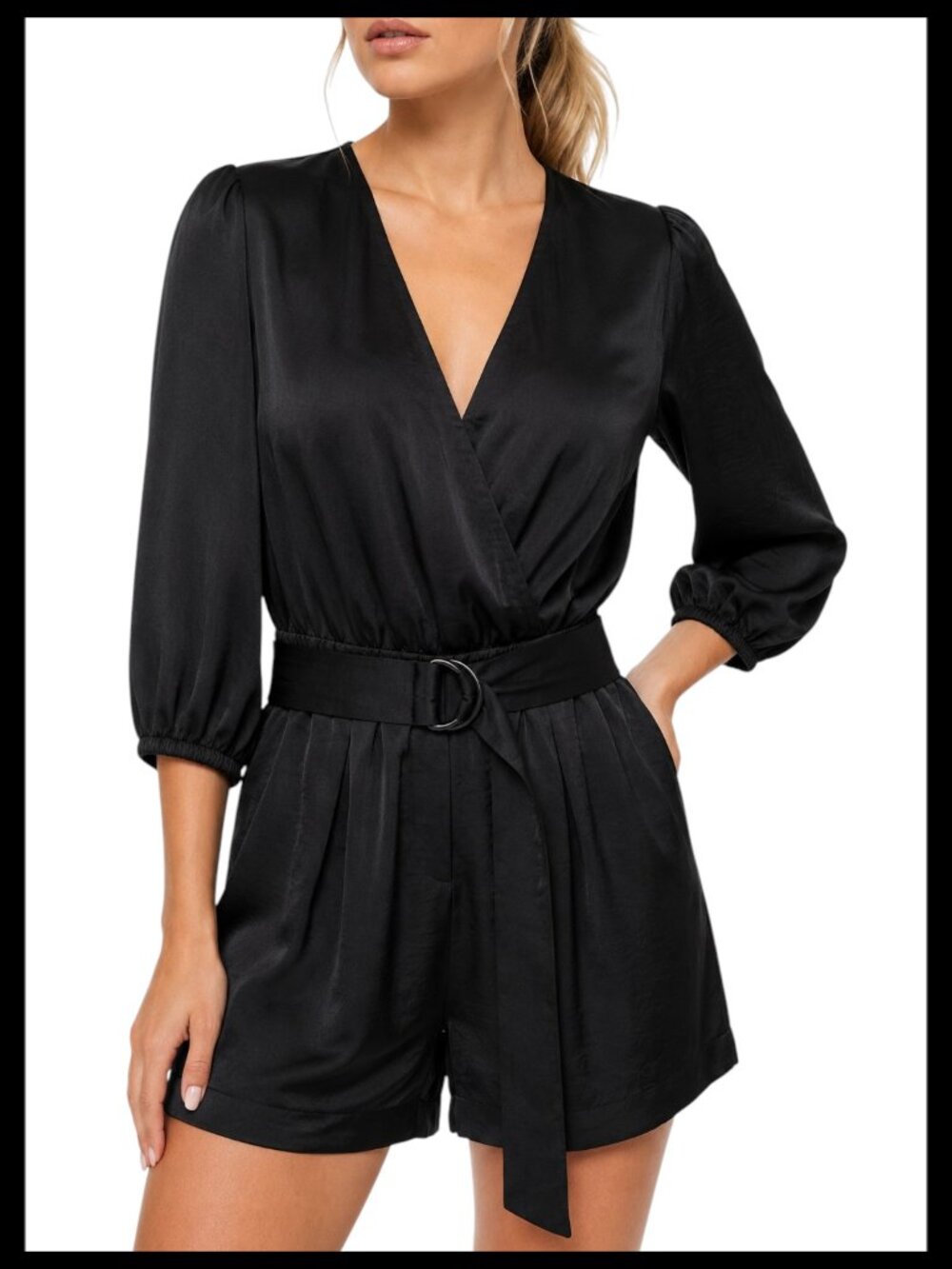 Ramy Brook Marc Black Satin Belted Romper M